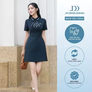 Đầm cổ đức, nơ cổ cách điệu chân A 1S34.2504K, váy dáng a dài trên gối cổ nơ điệu nữ tính thanh lịch công sở JM