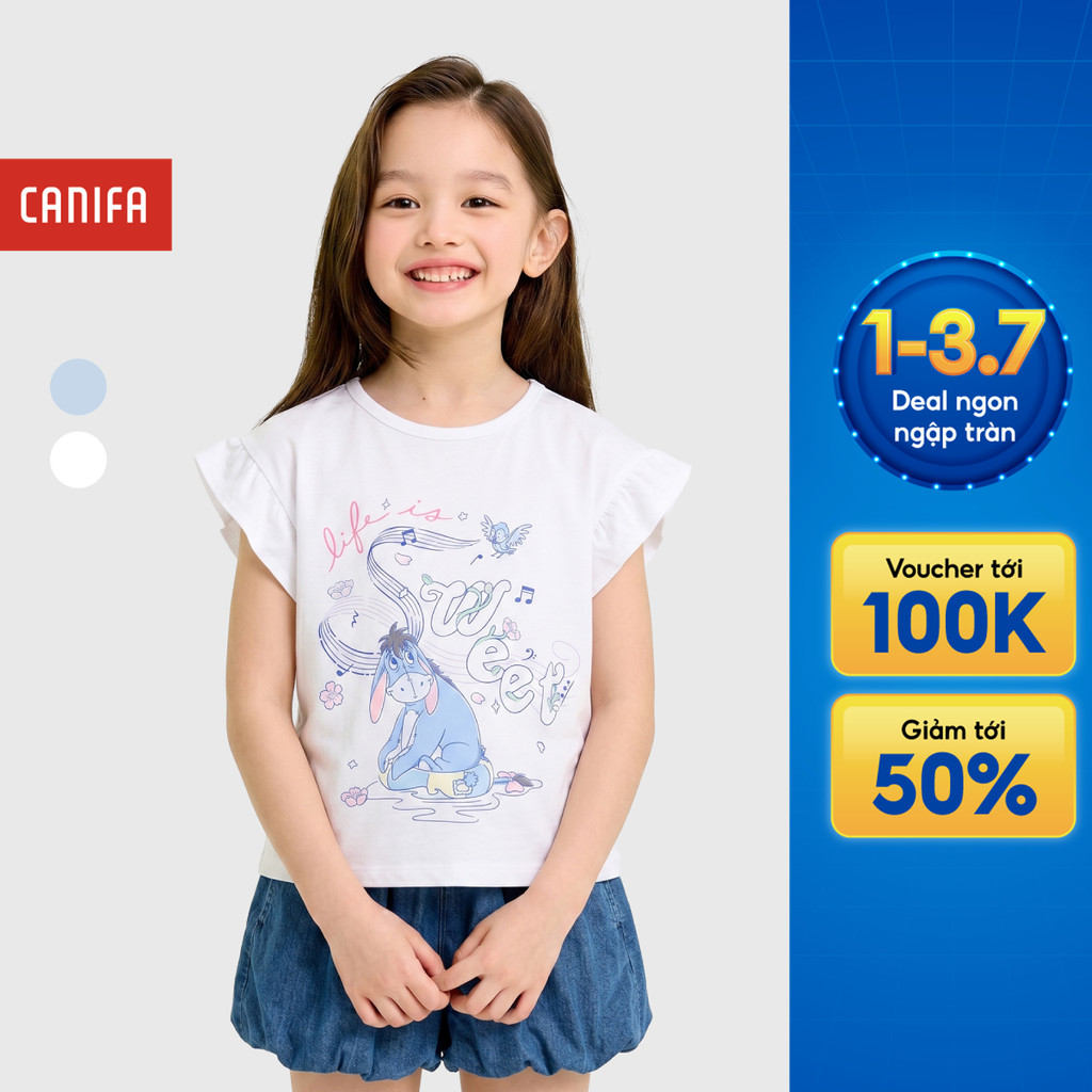 Áo phông bé gái CANIFA cổ tròn cộc tay đính bèo có hình in PS26 1TS26S010