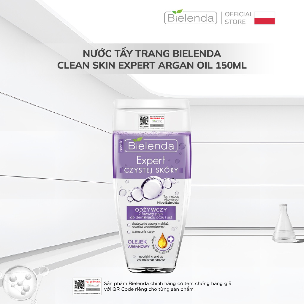 Nước tẩy trang Bielenda Clean Skin Expert Argan Oil làm sạch sâu cho vùng da mắt môi 150ml