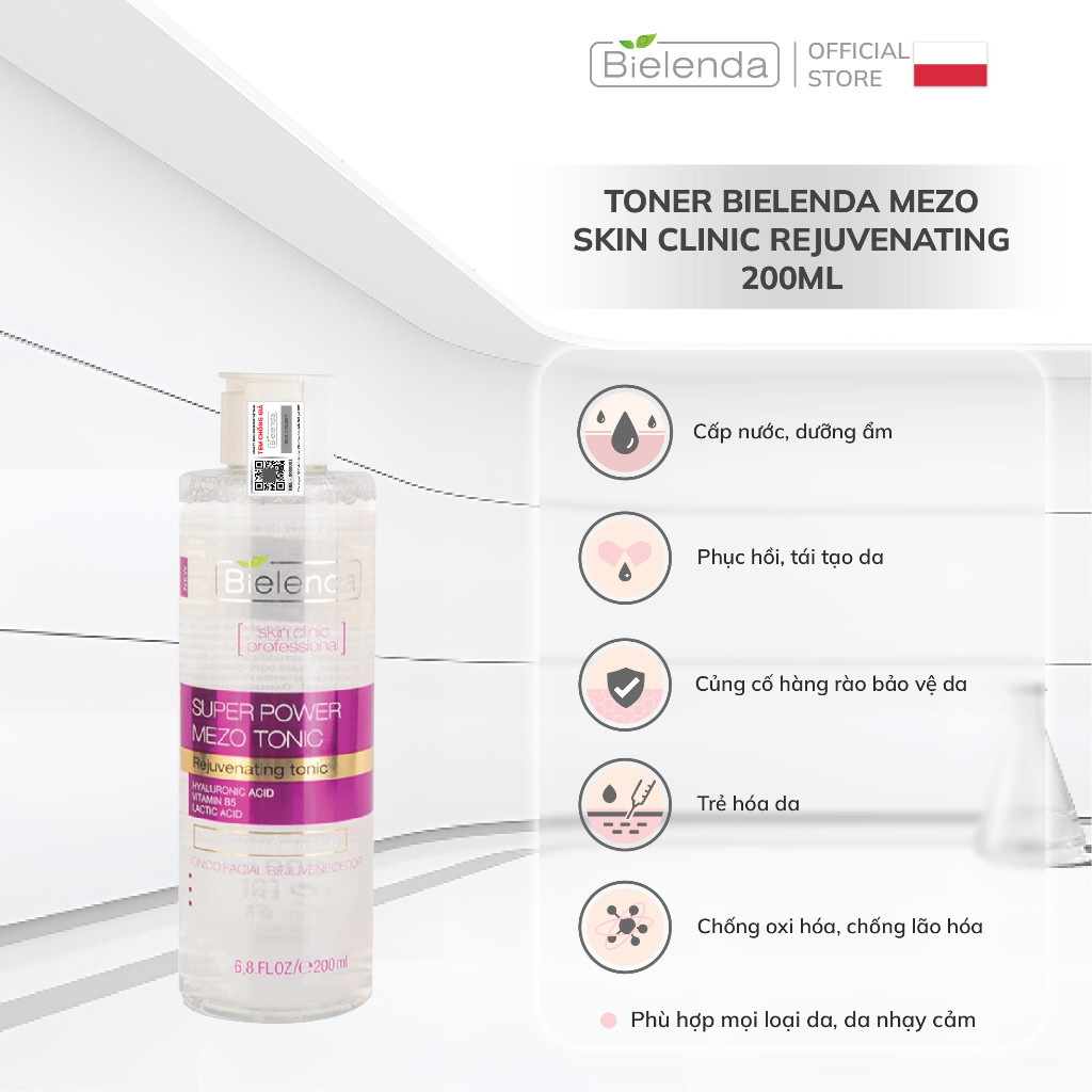 Toner Bielenda Mezo Skin Clinic Rejuvenating dưỡng ẩm sâu, phục hồi và trẻ hoá da 200ml