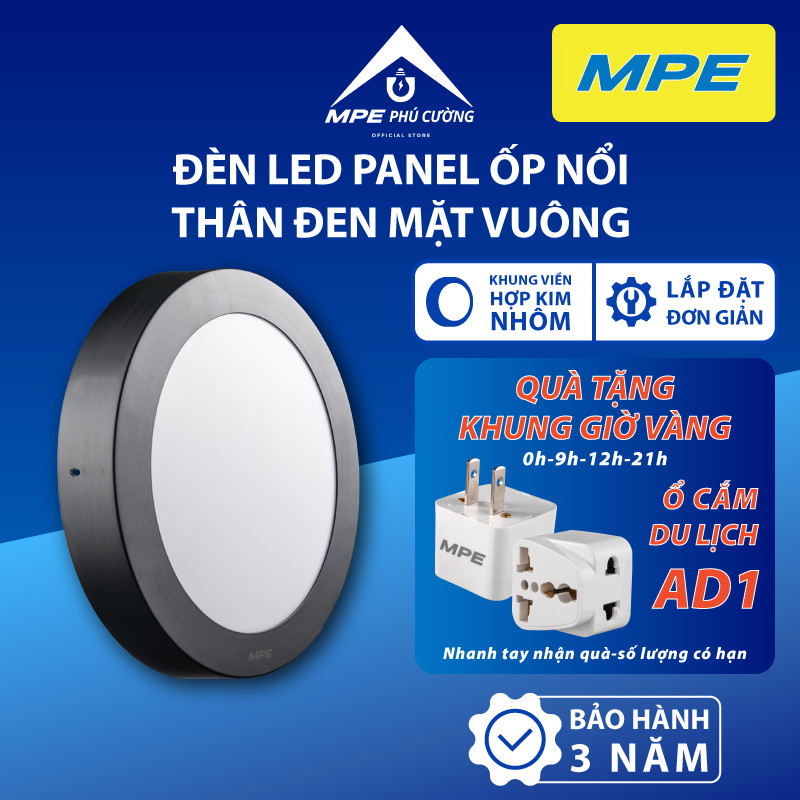 (CHÍNH HÃNG) MPE - Đèn LED panel ốp nổi nhôm thân đen mặt tròn ánh sáng trắng - vàng - 3 màu công suất 12W - 18W - 24W