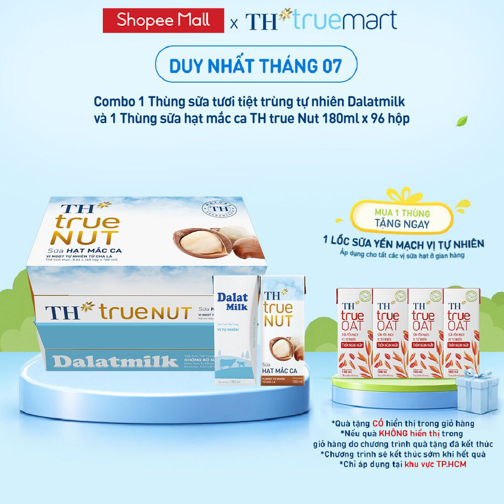Combo 1 Thùng sữa tươi tiệt trùng tự nhiên Dalatmilk và 1 Thùng sữa hạt mắc ca TH true Nut 180ml x 96 hộp