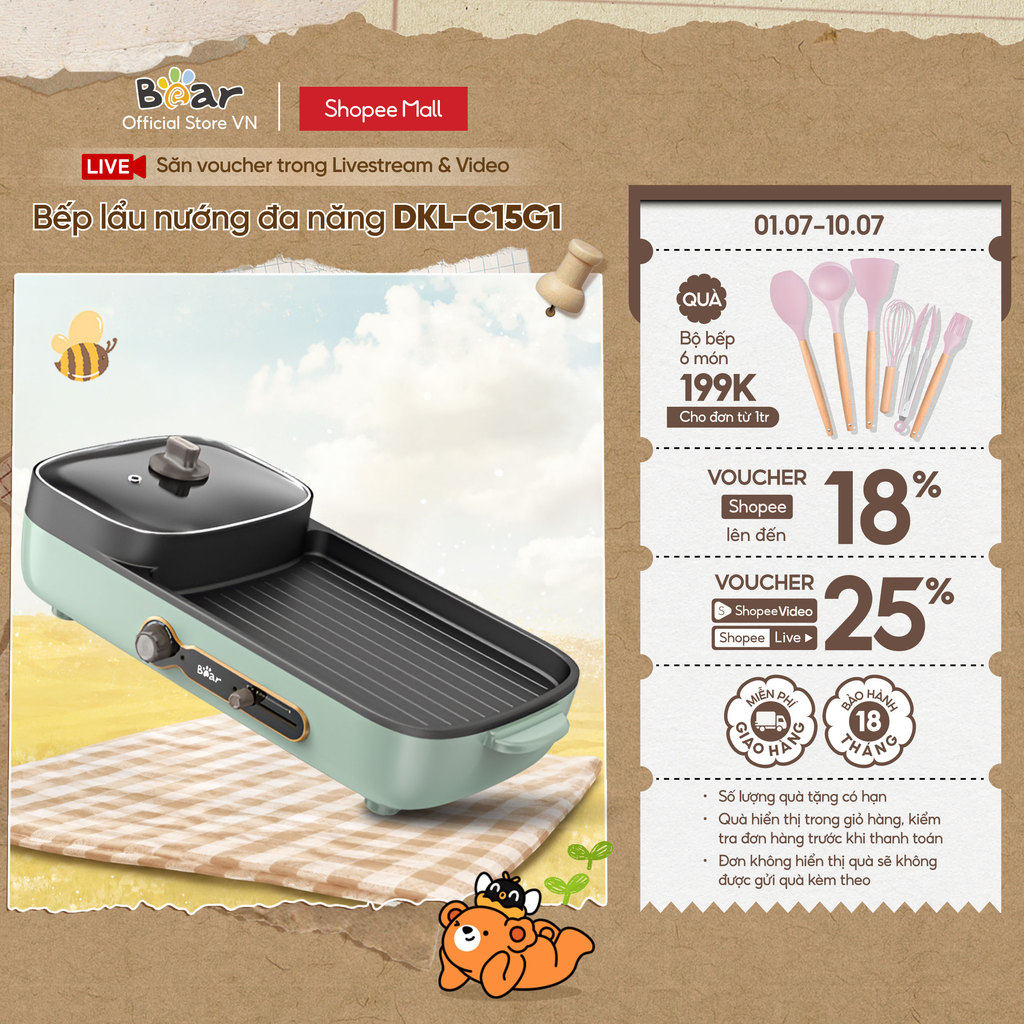 Bếp Nướng Lẩu Điện 3L Đa Năng 2in1 Bear DKL-C15G1 - Chính Hãng - BH 18 Tháng