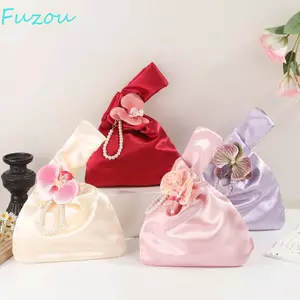 Túi đeo tay hoa hồng FUJIOU, Túi đựng kẹo phong cách thanh lịch, Mặt dây chuyền ngọc trai Satin Pin di động Bướm phong lan Túi xách cô dâu