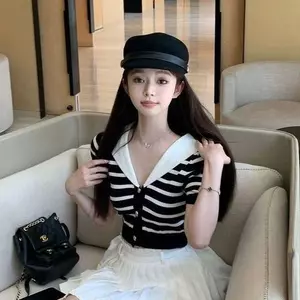 Áo thun ngắn tay dệt kim sọc đơn giản cổ hải quân mùa hè Thiết kế Sense Slim-