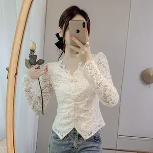 Áo sơ mi đáy ren dài tay mùa thu phong cách mới Áo sơ mi ren chải thời trang hàng đầu nữ