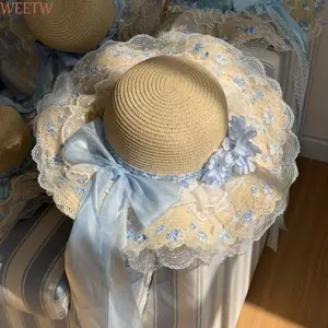 Mũ che nắng vành ren WEETW, Thiết kế hoa Mũ rơm nữ thanh lịch, Bảo vệ tia cực tím thời trang INS Mũ chống nắng thoáng khí Mặc thường ngày