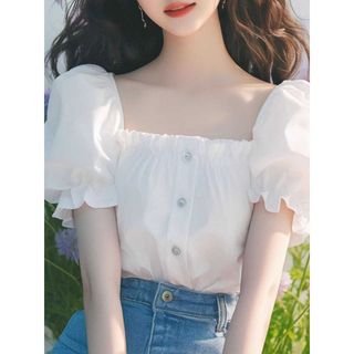 [Ưu đãi đặc biệt trong thời gian có hạn] Áo sơ mi nhỏ đẹp phong cách Pháp Tính khí màu trắng dáng rộng đẹp tay phồng cổ vuông Áo sơ mi ngắn tay