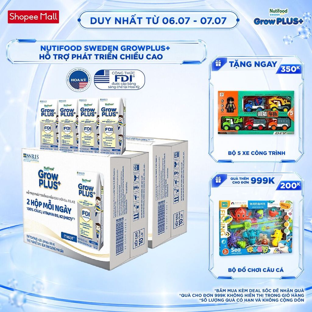 Combo 2 Thùng 24 Hộp Sữa Bột Pha Sẵn Nutifood Sweden GrowPLUS+ Cao lớn vượt trội hộp 180 ml