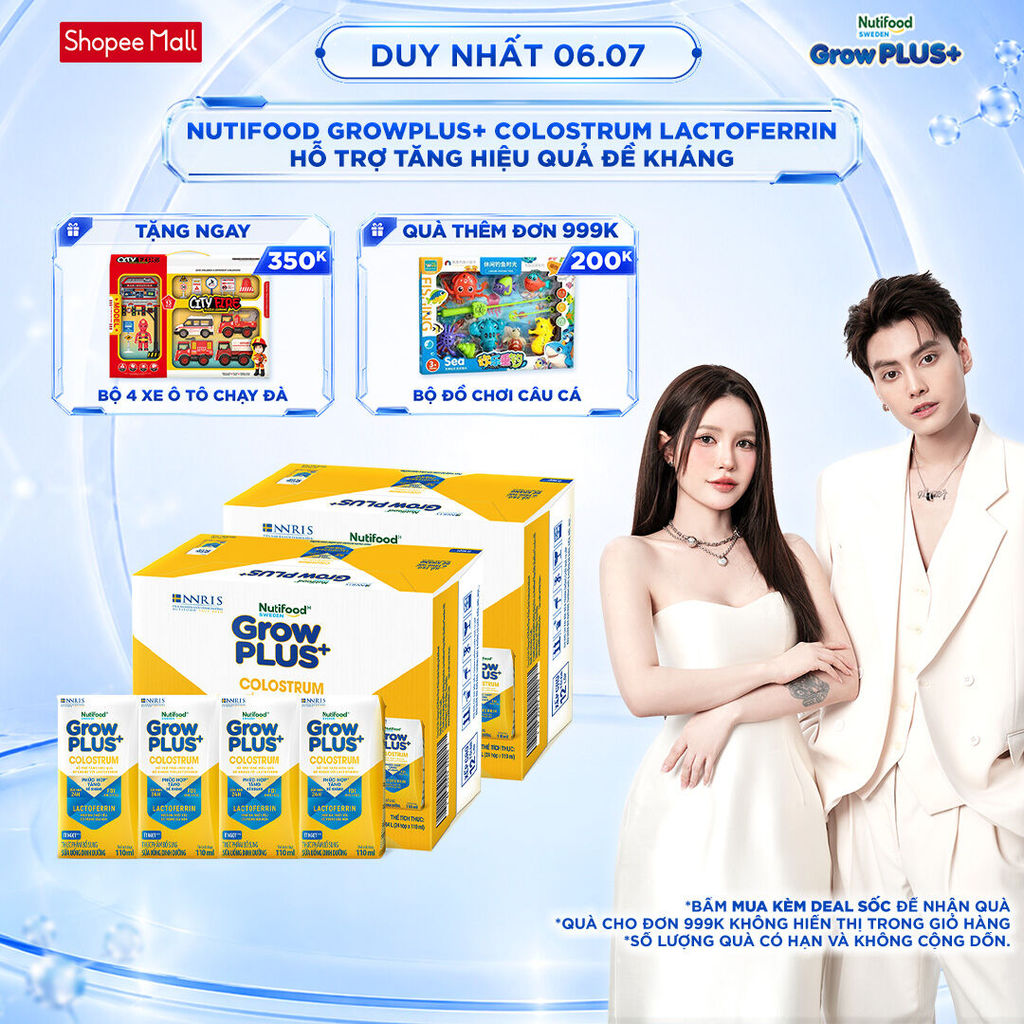 [Livestream Lucie] Combo 2 Thùng 24 hộp Sữa bột pha sẵn Nutifood Sweden GrowPLUS+ Colostrum Lactoferrin 110ml