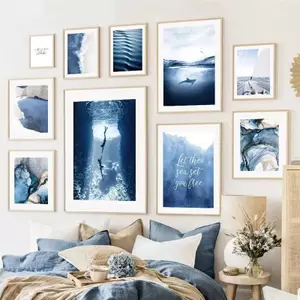 Tranh sơn dầu phong cảnh màu xanh đậm của biển và bãi biển Áp phích Không khung Tranh Canvas Trang trí tường