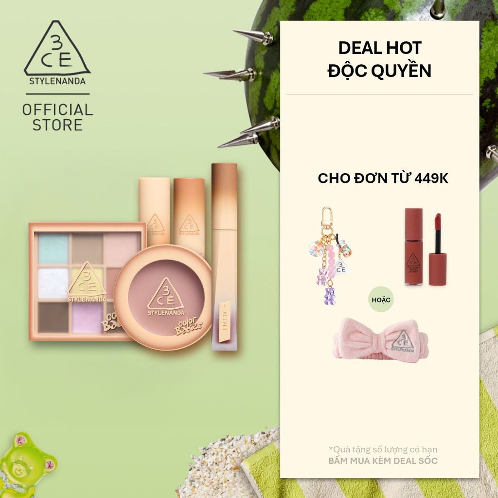3CE BST COLOR BAKER - SON GLAZY LIP GLOW, SON VELVET PLUSH, MÁ HỒNG FACE BLUSH, BẢNG MẮT MULTI EYE 9 COLORS PALETTE