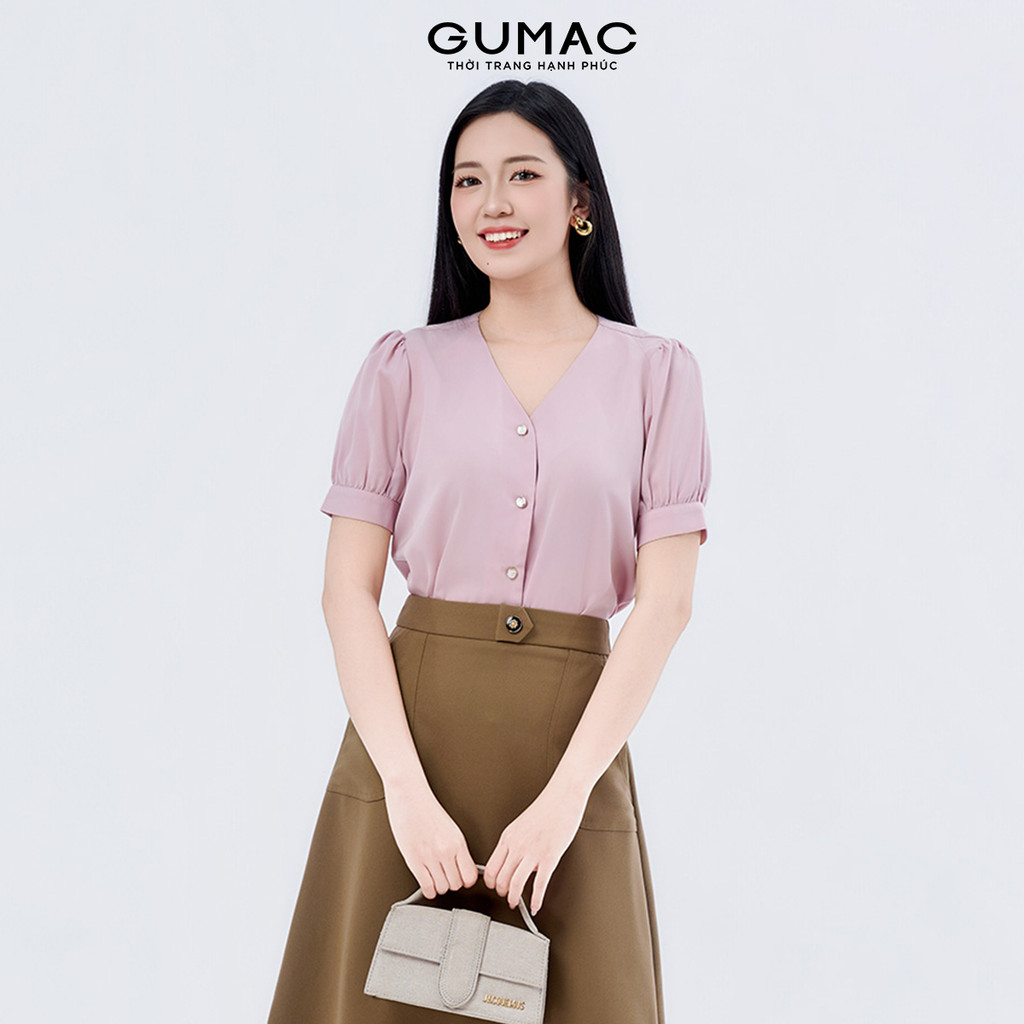 Áo Sơ Mi Nữ GUMAC Cổ V Phom Suông Tay Ngắn Chất Lụa Lạnh Mềm Mát LAF1005