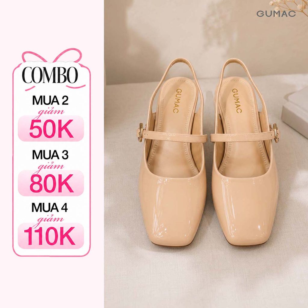Giày Cao Gót Nữ Mũi Vuông GUMAC Phối Quai Ngang Chất Da Pu Bóng Sang Trọng Dễ Phối Đồ GG05066