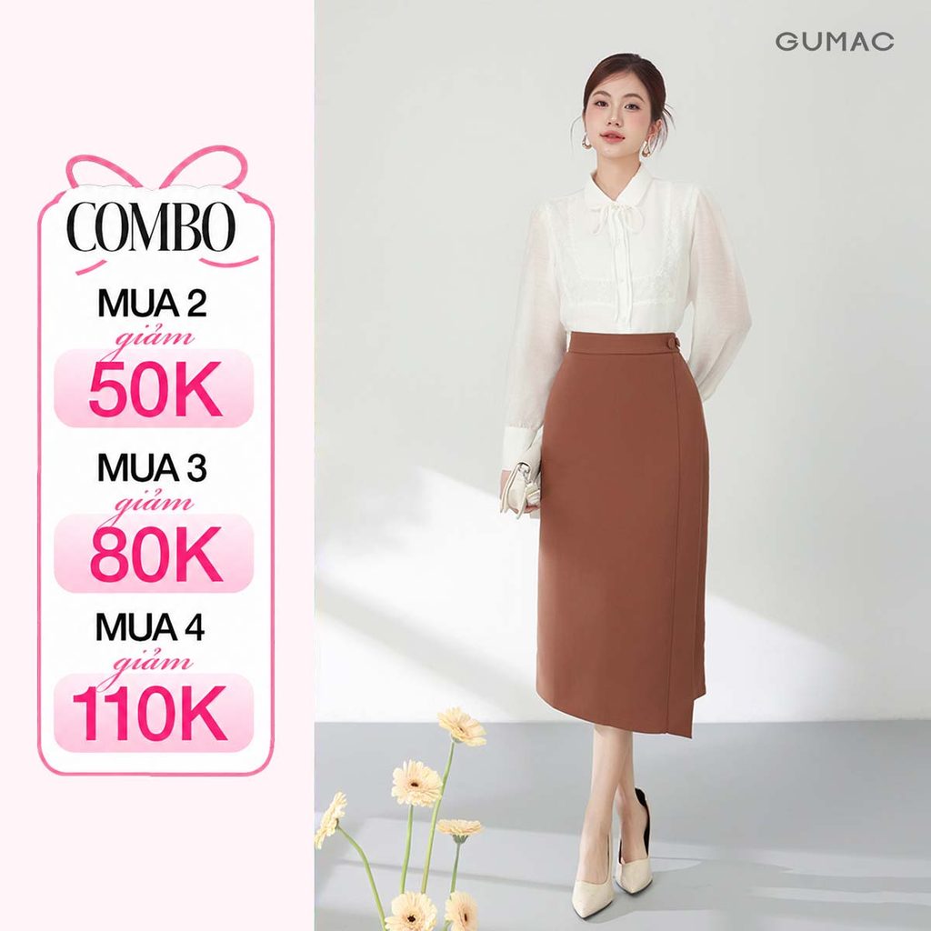 Chân Váy Bút Chì GUMAC Dáng Suông Xẻ Sau Phối Tà Đắp Trước Đính Nút Bọc Tôn Dáng LVE1106