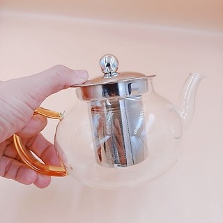 Ấm Pha Trà Thủy Tinh Chịu Nhiệt Có Vòi , Lõi Lọc  inox 304 , Quai Vàng Cao Cấp
