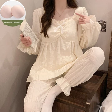 đồ ngủ nữ pyjama đồ ngủ nữ Bộ đồ ngủ có đệm ngực, bộ đồ dài tay mỏng mùa xuân thu đông cho nữ, đồ mặc nhà nữ dễ thương ngọt ngào mẫu mới năm 2026