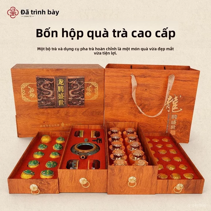 Hộp quà trà Tết lá sen, trà ô long, hồng trà, trà đen cao cấp tặng người lớn tuổi, sang trọng
