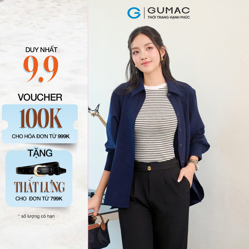 Áo Sơ Mi Nữ Tay Dài GUMAC Form Suông Vai Xệ Chất Kaki Thun Mềm Mát Công Sở AF07031