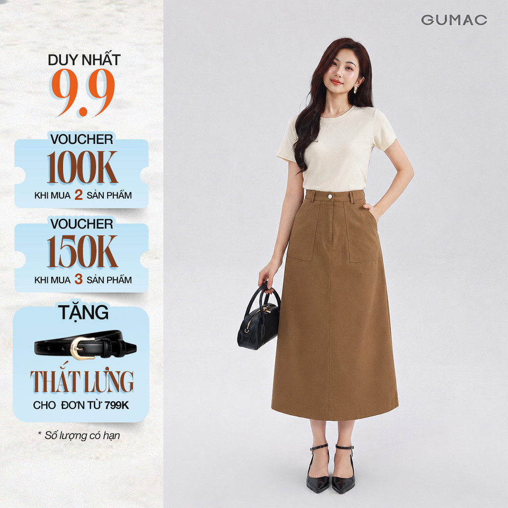 Chân Váy Chữ A Dáng Dài GUMAC - Gmorning Chân Váy Kaki Midi Túi Vuông Tôn Dáng Cao Cấp YVF04060