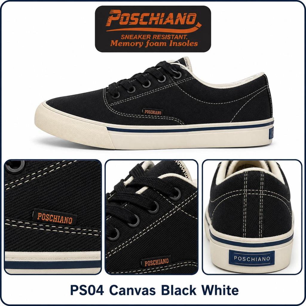 [PS04 Canvas Black White] Giày Sneaker - Poschiano - NAM - NỮ Chống trơn trượt  - Vải Canvas Cao Cấp - Đế Cao Su Crepe  | BigBuy360 - bigbuy360.vn