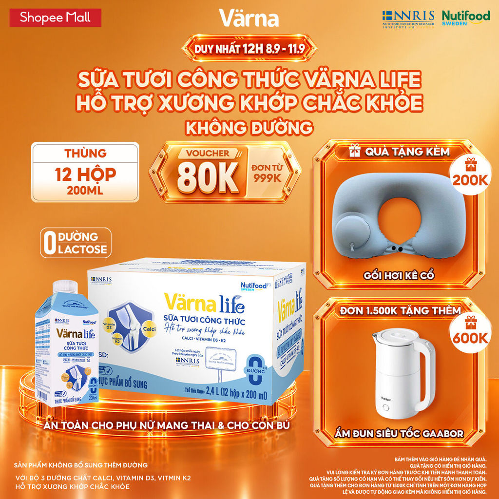 Thùng 12 hộp Thực phẩm bổ sung Värna Life sữa tươi công thức không đường (Xanh) (12 hộp giấy x 200ml)