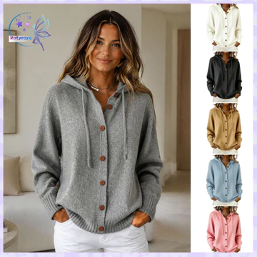 Rotyroya- Áo len dệt kim phía trước Áo len dệt kim mềm Áo len Cardigan có mũ trùm đầu dành cho nữ – Nút áo Hoodie dệt kim dài tay phía trước Áo khoác dệt kim màu trơn cho mùa thu hàng ngày