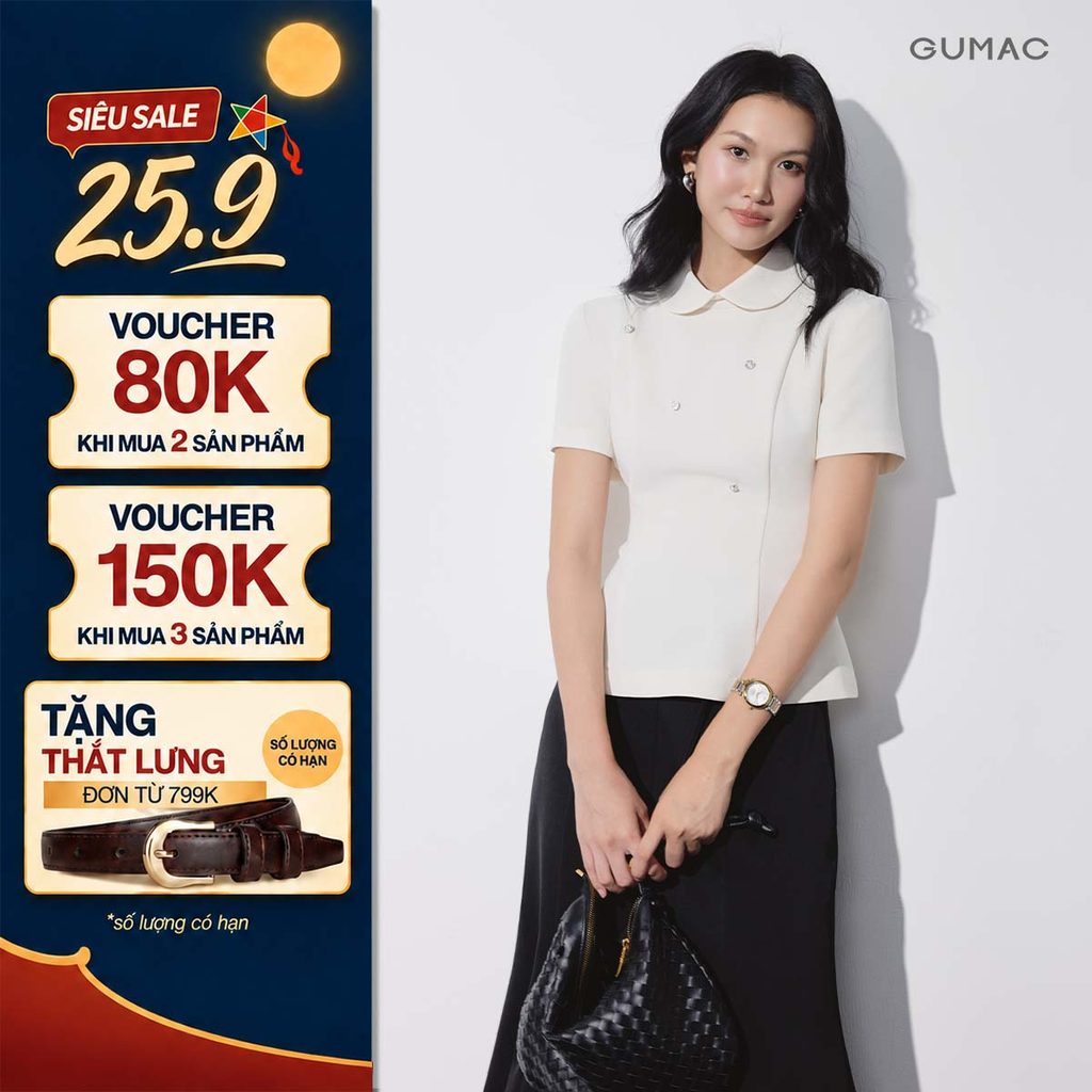 Áo Kiểu Nữ Peplum GUMAC Tay Ngắn Cổ Sen Rã Ben Tôn Dáng Đính Nút Trang Trí Khóa Kéo Sau Thanh Lịch LAG09083