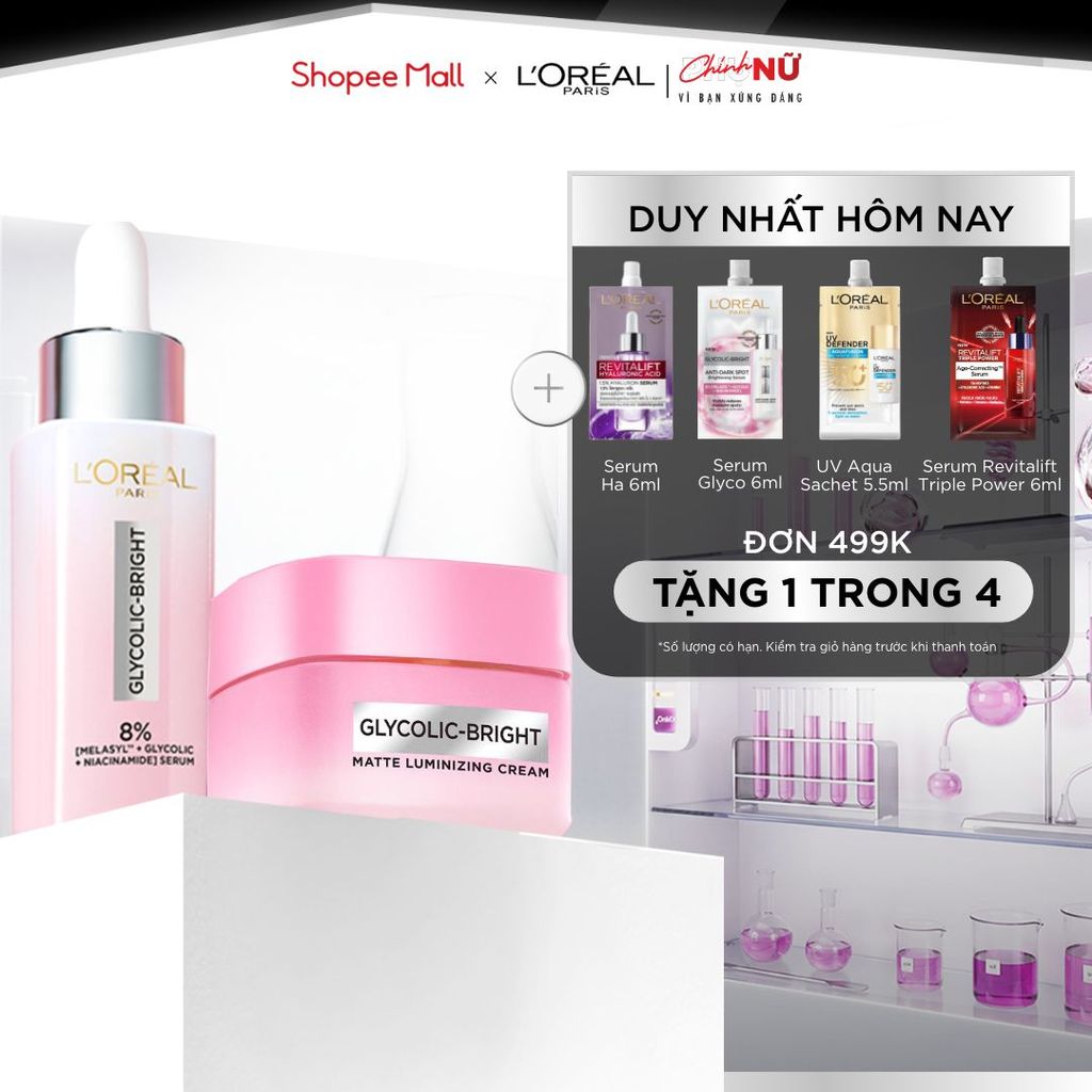Bộ đôi serum & kem dưỡng sáng da đột phá Melasyl mờ thâm mụn, nám L'Oreal Paris Glycolic Bright 30ml, 50ml