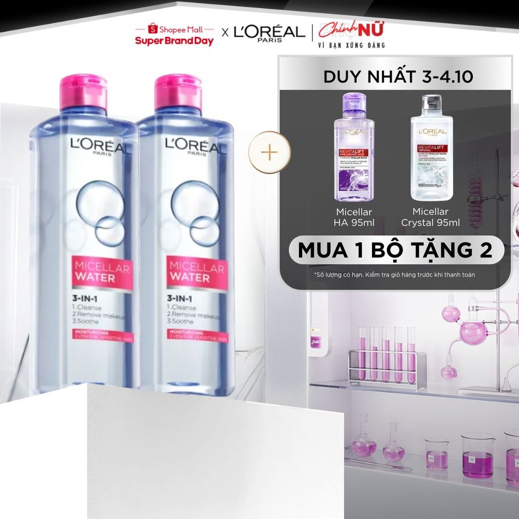 Bộ 2 nước tẩy trang dưỡng ẩm mượt da 3in1 L'Oreal Paris Micellar Water 400ml