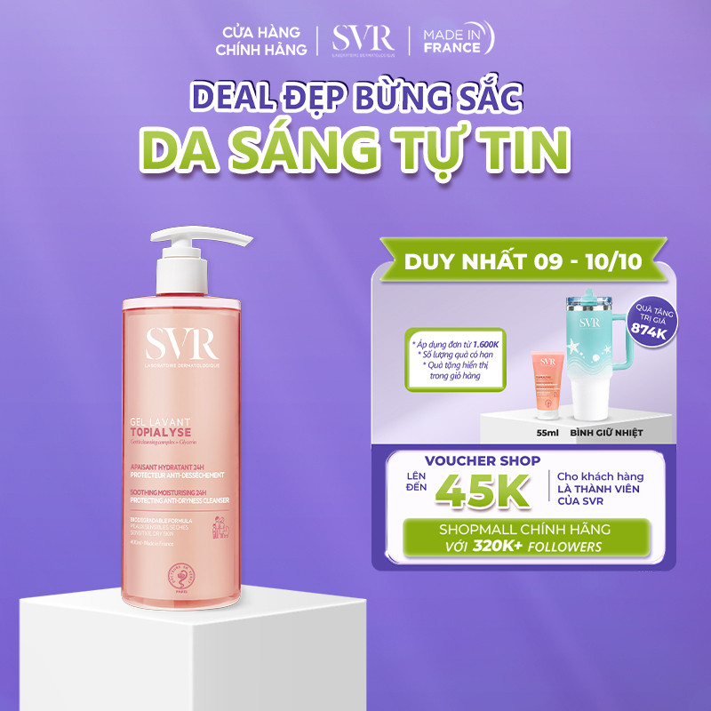 [ĐƠN 1TR6 TẶNG QUÀ] Gel rửa mặt không xà phòng cho da khô, nhạy cảm SVR Topialyse Gel Lavant 400ml