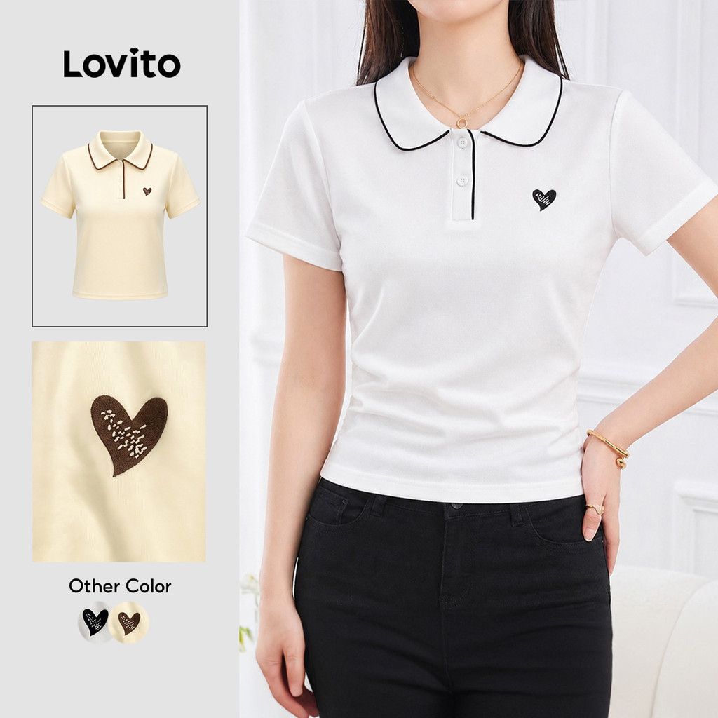 Áo thun Lovito phong cách thường ngày viền tương phản mùa xuân/hè màu trắng cho nữ LNE109D004
