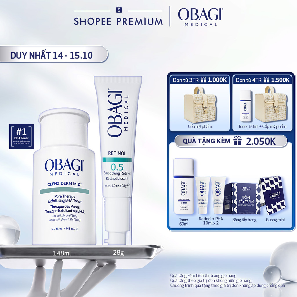 Bộ đôi dưỡng da Dung dịch Obagi Clenziderm M.D BHA Toner 148ml và Kem Dưỡng Đêm Obagi Retinol 0.5 (28g)