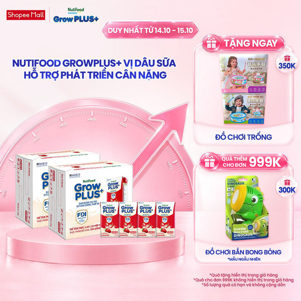 Combo 2 Thùng 24 hộp Sữa bột pha sẵn Nutifood GrowPLUS+ Vị Dâu Sữa hộp 110ml - Trên 1 tuổi