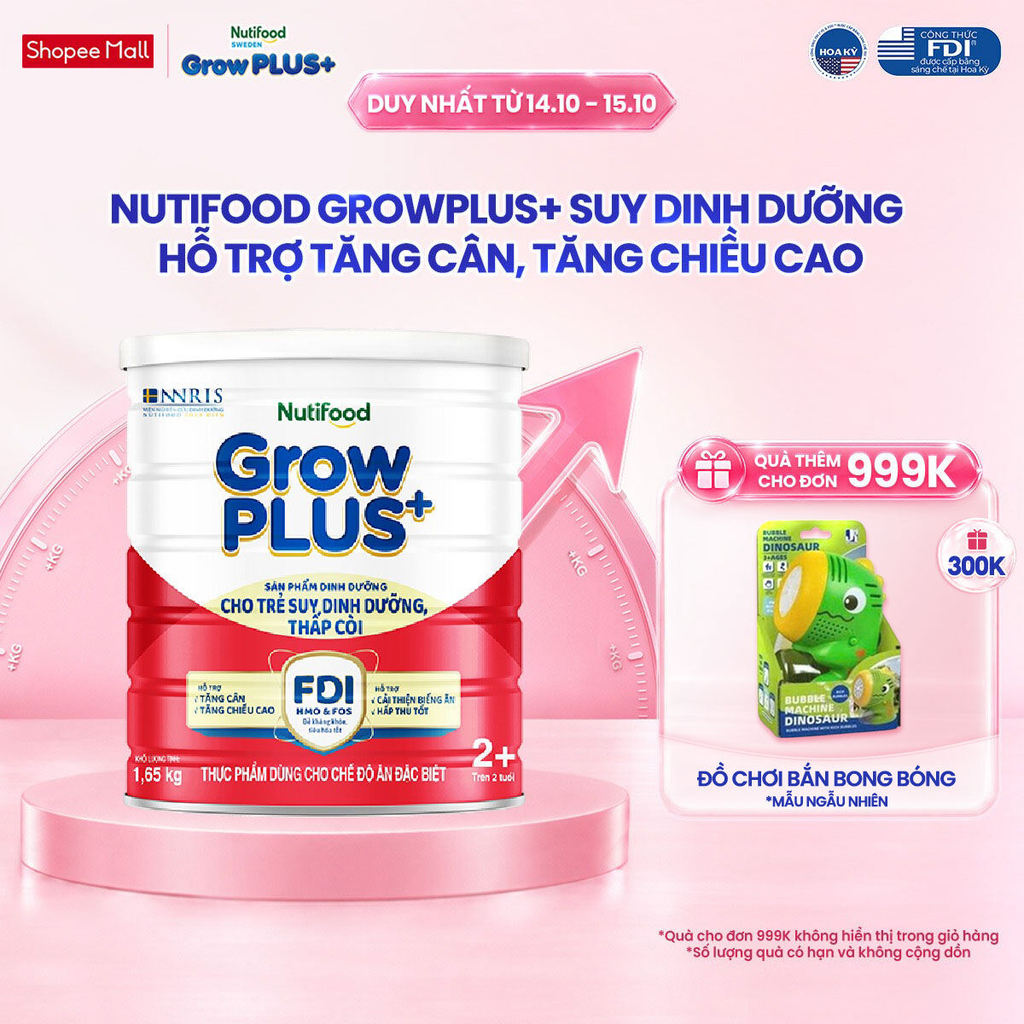 Sữa bột Nutifood GrowPLUS+ Suy Dinh Dưỡng (Đỏ) 2+ Tăng Cân, Tăng Chiều Cao (Lon 1,65 Kg)