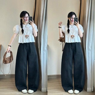 Quần kaki gió nữ ống rộng basic form suông Retrostyle có chun lưng Quankaki441