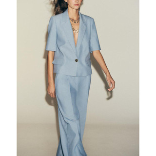 áo khoác Zara made in Morocco blazer lửng xanh lam nhạt ngắn tay cổ ve 1 khuy và quần âu cùng bộ