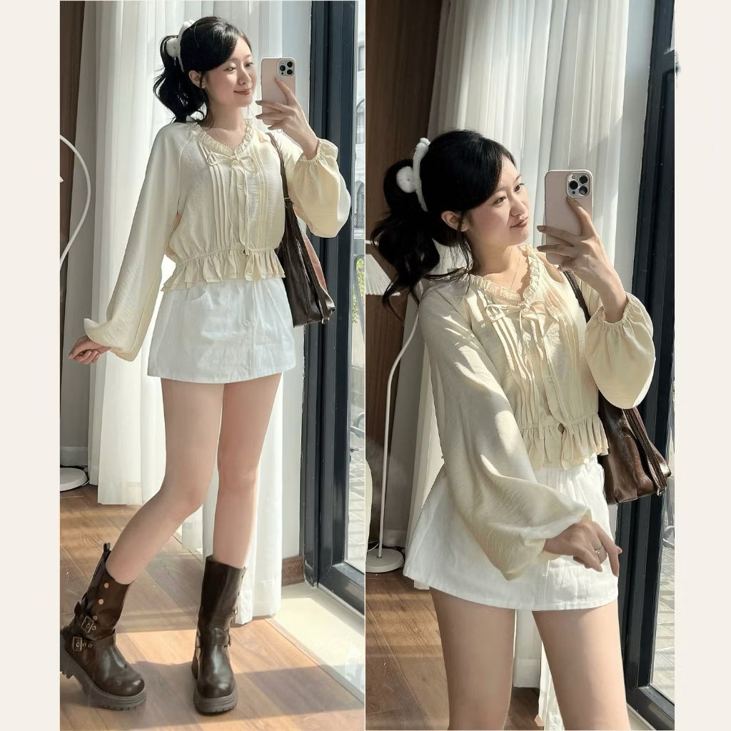 Áo Sơ Mi Cổ Bèo Xếp Ly Trước Chun Dưới Tay Bồng Dáng Lửng  MA3186