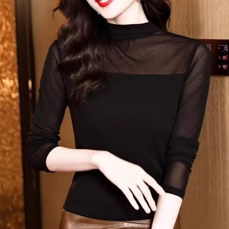 Áo sơ mi lưới ren thời trang mùa thu, cổ cao nửa cổ