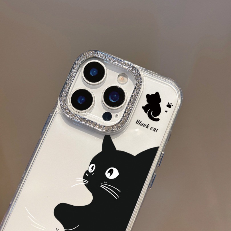 Đồ họa Doodle Black Cat Ốp điện thoại trong suốt cho Redmi Note 14S 12S 11S 10S 9S 14 13 12 11 Pro + 9 10 Pro Max 7 8 Pro 12T 11T Pro 12 Turbo Vỏ kim cương giả chống rơi