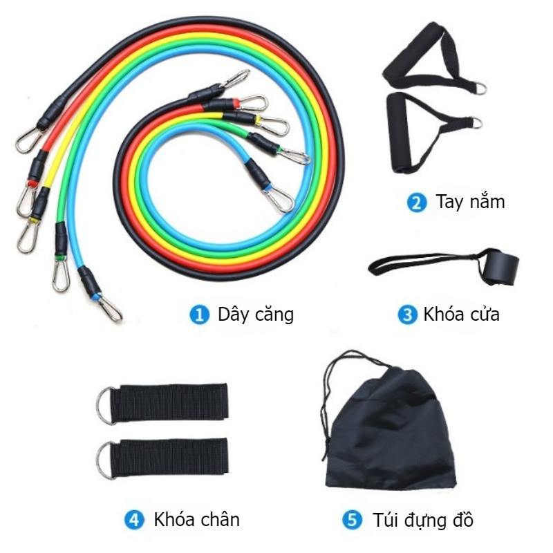 Bộ 5 Dây Tập Gym Ngũ Sắc Đàn Hồi Cao Cấp 11 Món – Dây Kháng Lực Toàn Thân, Dụng Cụ Tập Thể Hình Tại Nhà