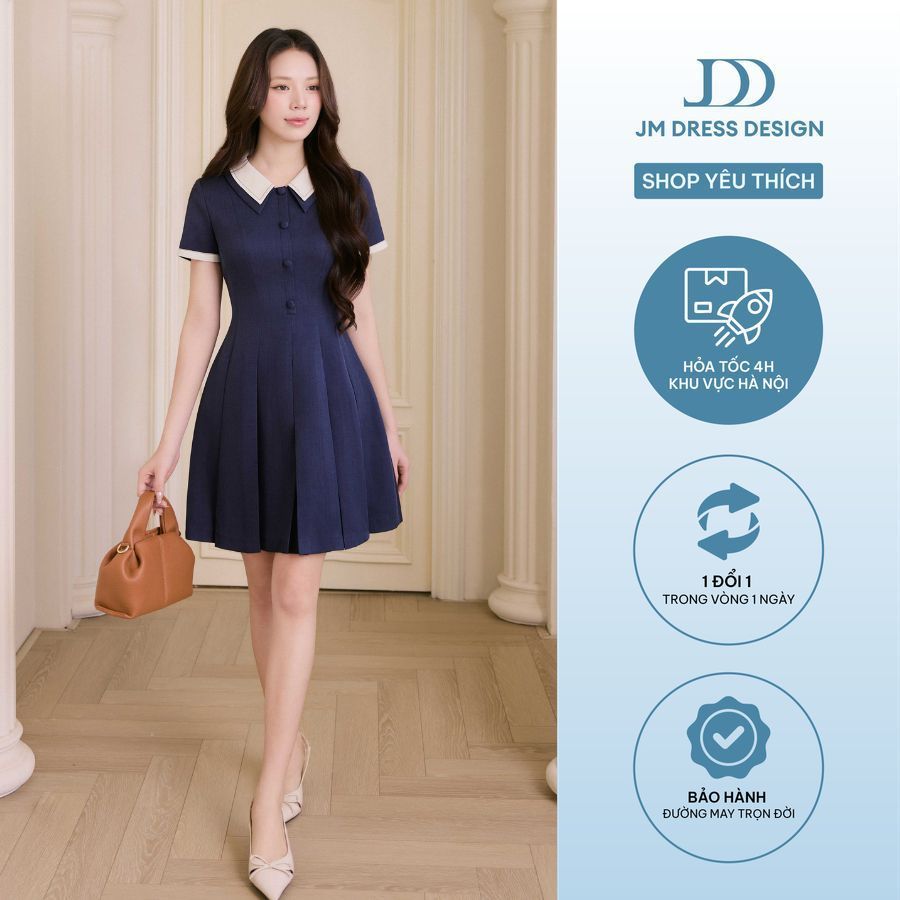 Đầm Xuân Hè Cổ Đức 2 Lớp, Chân Xếp Ly Chụm 1S24.2604, Đầm Mini Công Sở Trẻ Trung Phong Cách Hiện Đại Nữ Tính By JM Dress