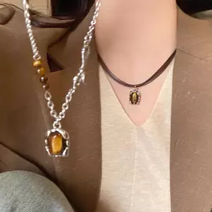 Vintage Da Nâu Đá Mặt Dây Chuyền Nelace Staing Choker Tính Khí Xương Đòn Dây Xích Dành Cho Nữ Cô Gái Thu Đông Nelace VN