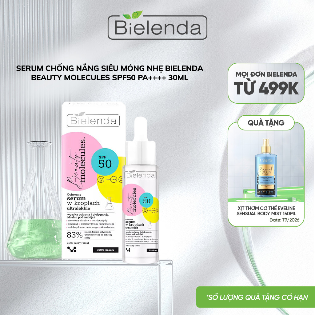 Serum chống nắng siêu mỏng nhẹ Bielenda Beauty Molecules SPF50 PA++++ nâng tone, dưỡng trắng da 30ml