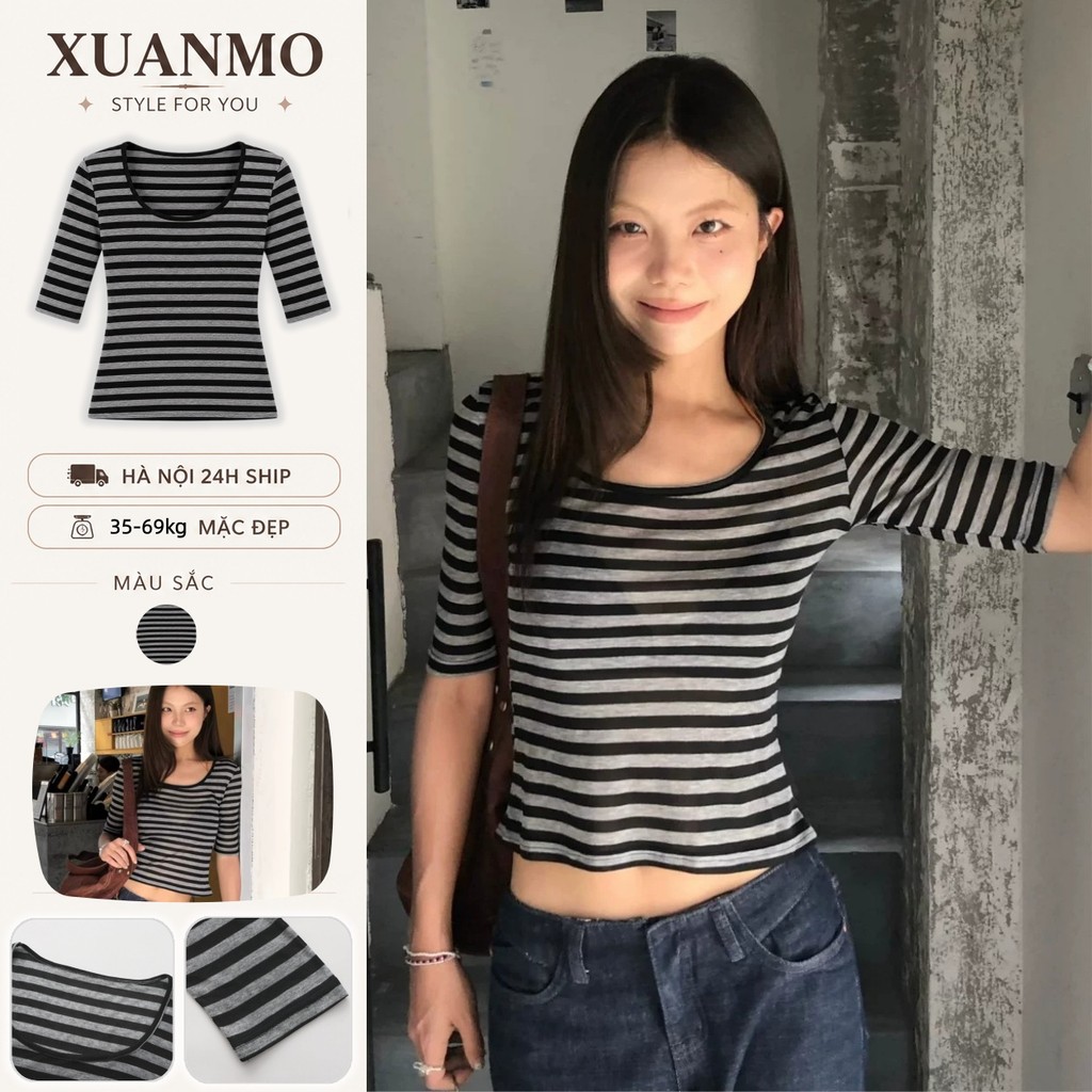 Áo Thun Nữ Kẻ Sọc Tay Lỡ Form Ôm Áo Mặc Trong Phong Cách Hàn Quốc Tôn Dáng