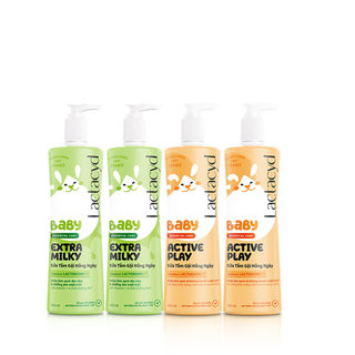 Bộ 2 Chai Sữa Tắm Gội Trẻ em Lactacyd Baby Active Play 500ml +2 Chai Lactacyd Baby Extra Milky 500ml