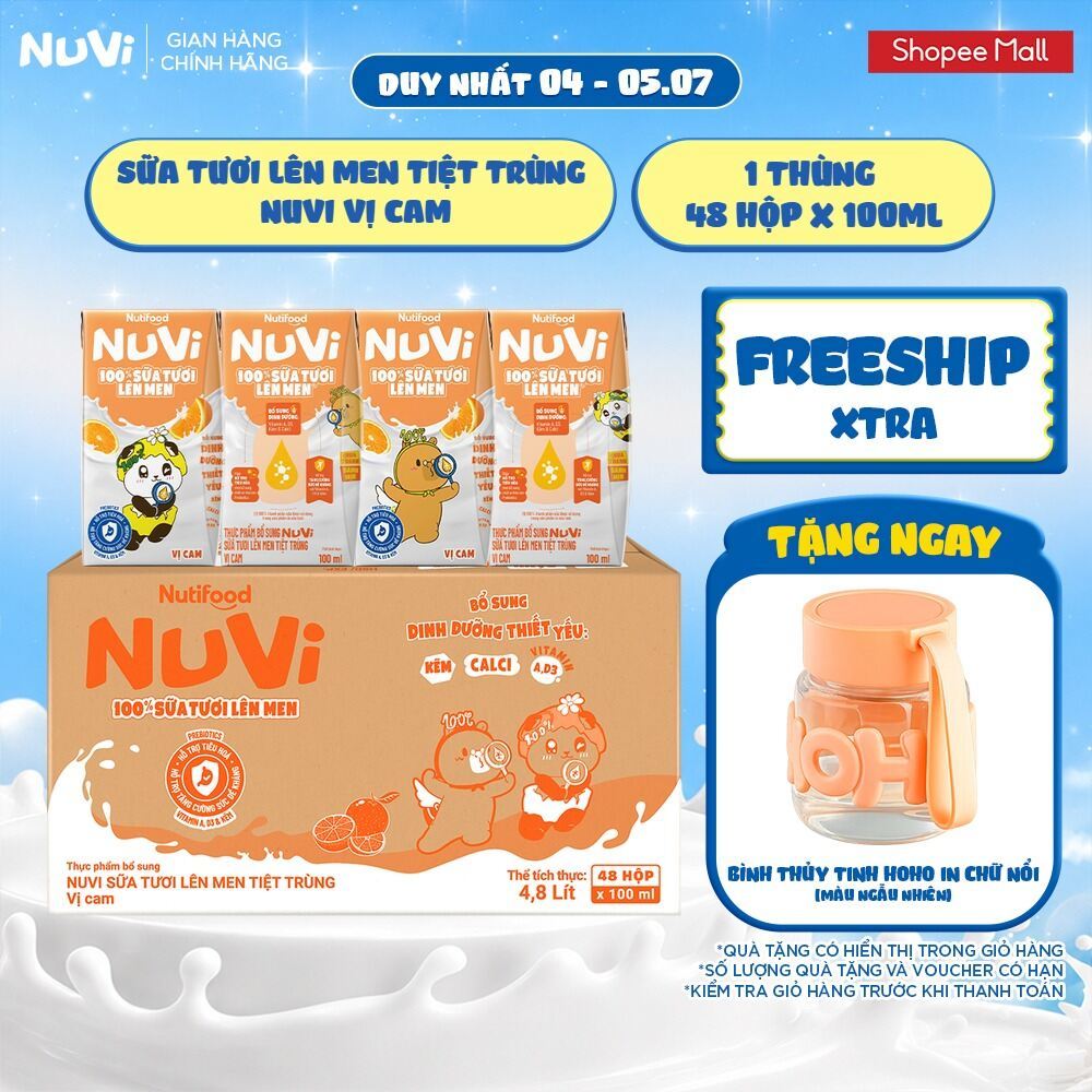 Thùng 48 Hộp Sữa Tươi Lên Men Tiệt Trùng Nuvi vị Cam 100ml