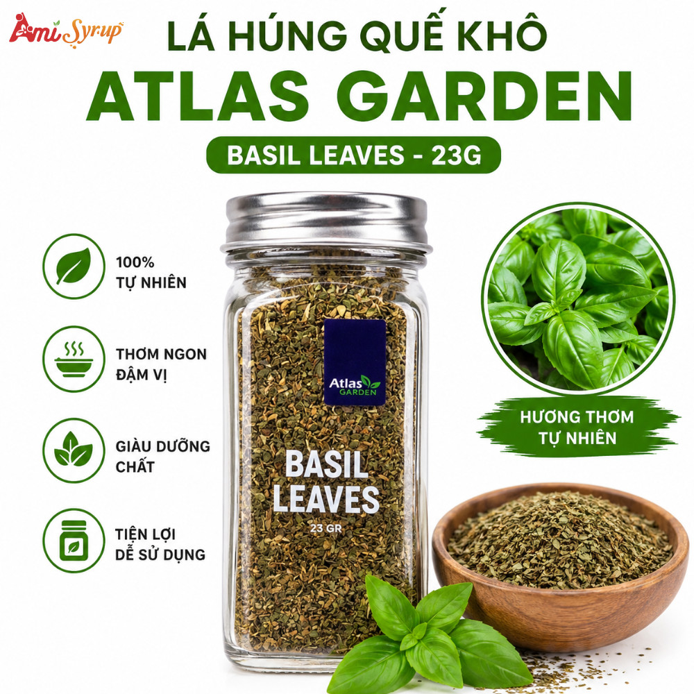 Lá Húng Quế Basil Khô Atlas GARDEN 23g , Gia Vị Nấu Ăn Cao Cấp Nhập Khẩu Đức