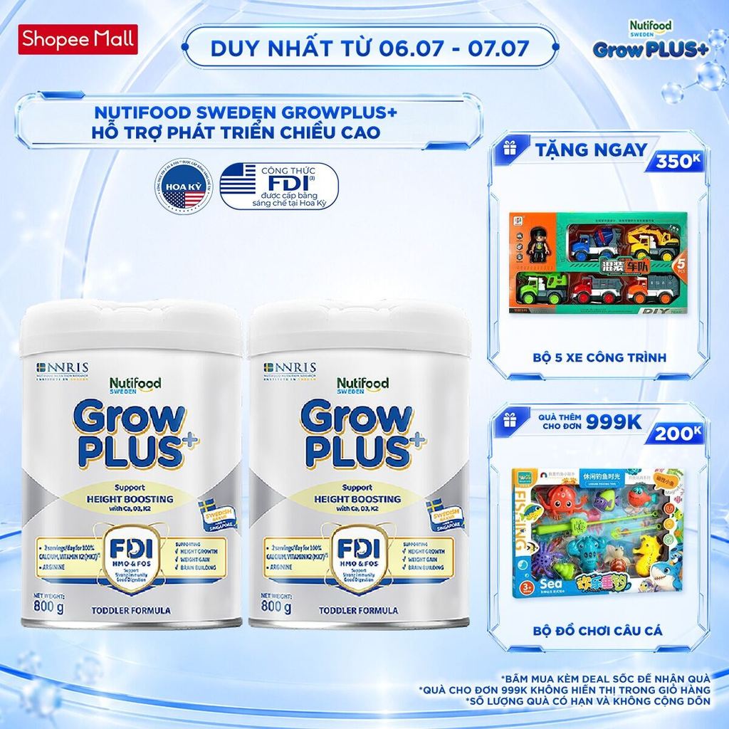 Combo 2 Sữa Bột Nutifood Sweden GrowPLUS+ Cao lớn vượt trội trên 1 tuổi (Bạc) 800g