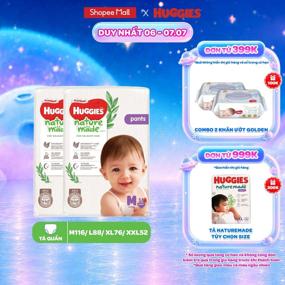 Combo 2 Tã/Bỉm Dán và Quần Huggies NatureMade M64/L54/XXL44